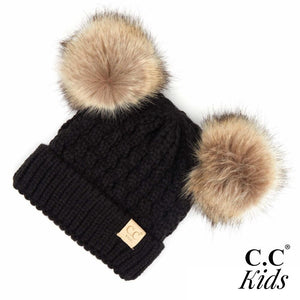 C.C Kids Cable Knit Faux Fur Pom Beanie- Black