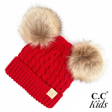 C.C Kids Cable Knit Faux Fur Pom Beanie- Red