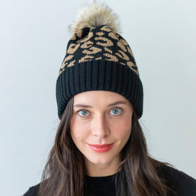 Leopard Print Beanie With Faux Fur Pom
