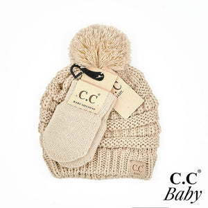C.C Solid Ribbed Baby Beanie Hat and Mitten Glove Set- Beige