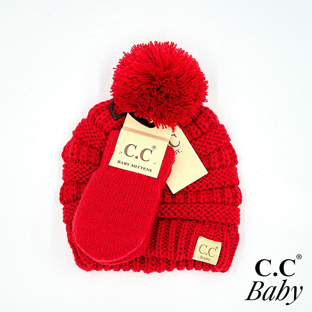C.C Solid Ribbed Baby Beanie Hat and Mitten Glove Set- Red