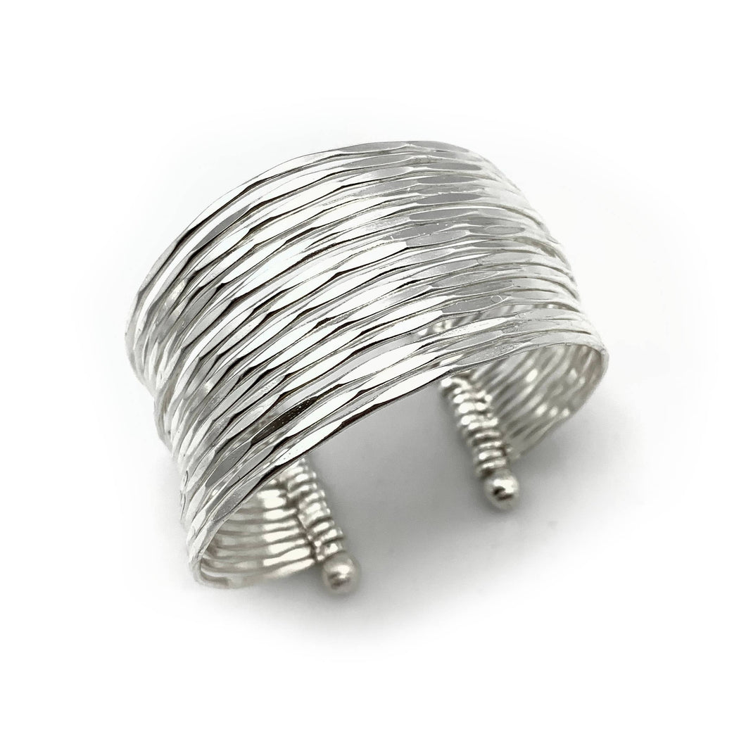 Ladies Silver Plated Adjustable Cuff Bracelet - Hammered Bands