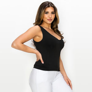 Lady's Seamless Tank With Reversible Neckline- Black Hip Length