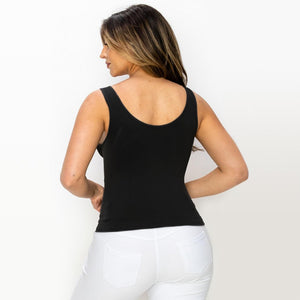 Lady's Seamless Tank With Reversible Neckline- Black Hip Length
