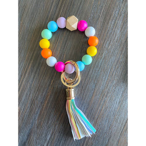 Silicone Bead Keychain Wristlet- Bright Rainbow