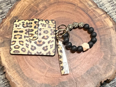 Animal Print Silicone Bead Keychain Wristlet With Vegan Leather Credit Card Holder