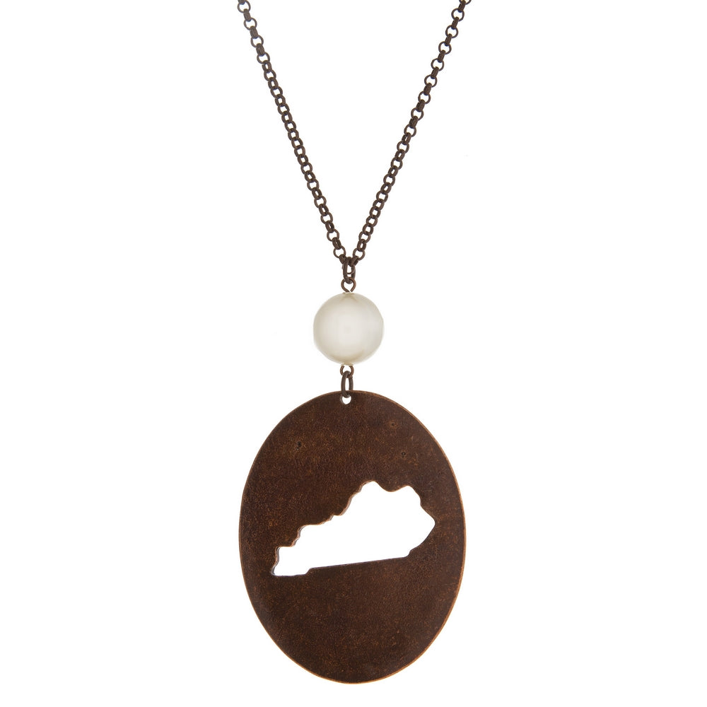 Burnished Copper Tone Long Necklace With A Kentucky Cutout