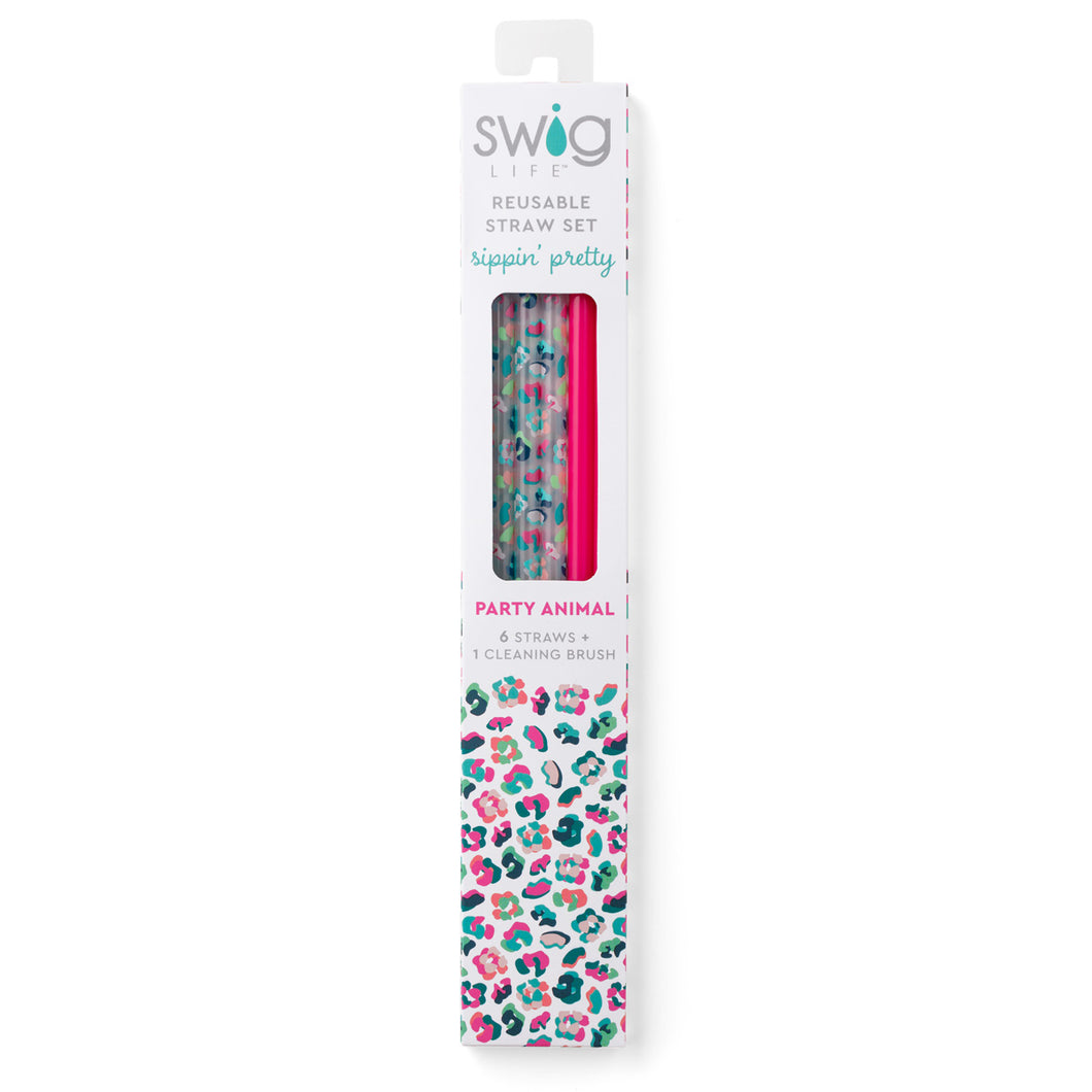 Party Animal And Hot Pink Reusable Straw Set By Swig