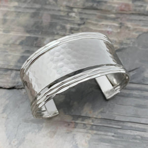 Silver Plated Adjustable Cuff Bracelet - Hammered and Bands