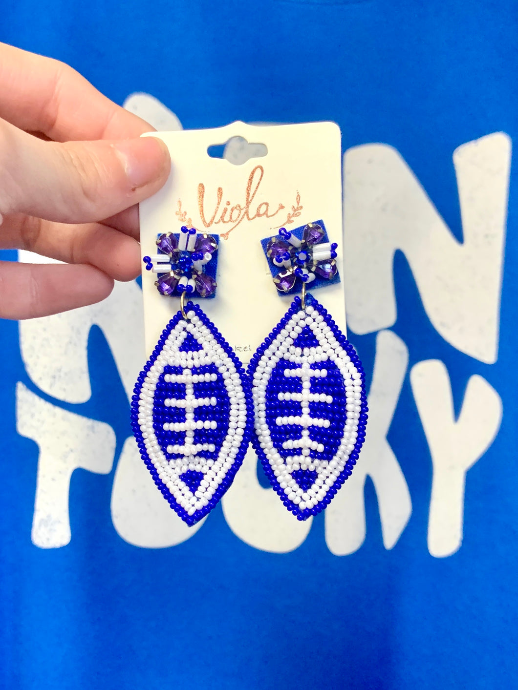 Kentucky Blue And White Beaded Football Earrings