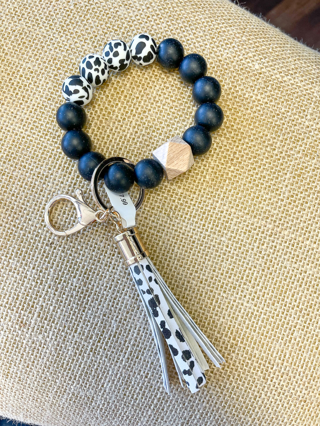 Silicone Bead Keychain Wristlet- Animal Print Black/White