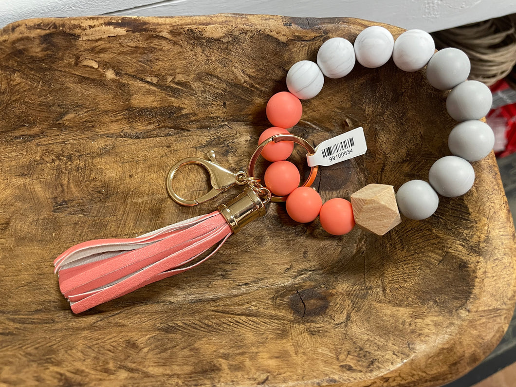 Silicone Bead Keychain Wristlet- Coral