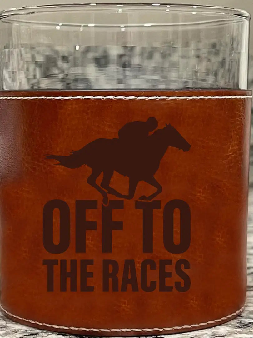 Off To The Races Horse Racing Derby Faux Leather Rocks Glass